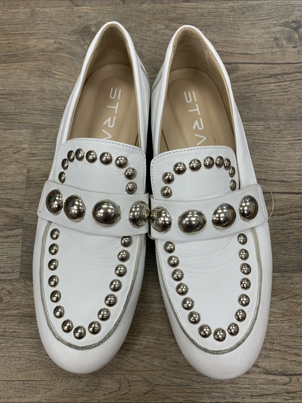 STRATEGIA White Leather Studded Loafers Size 40